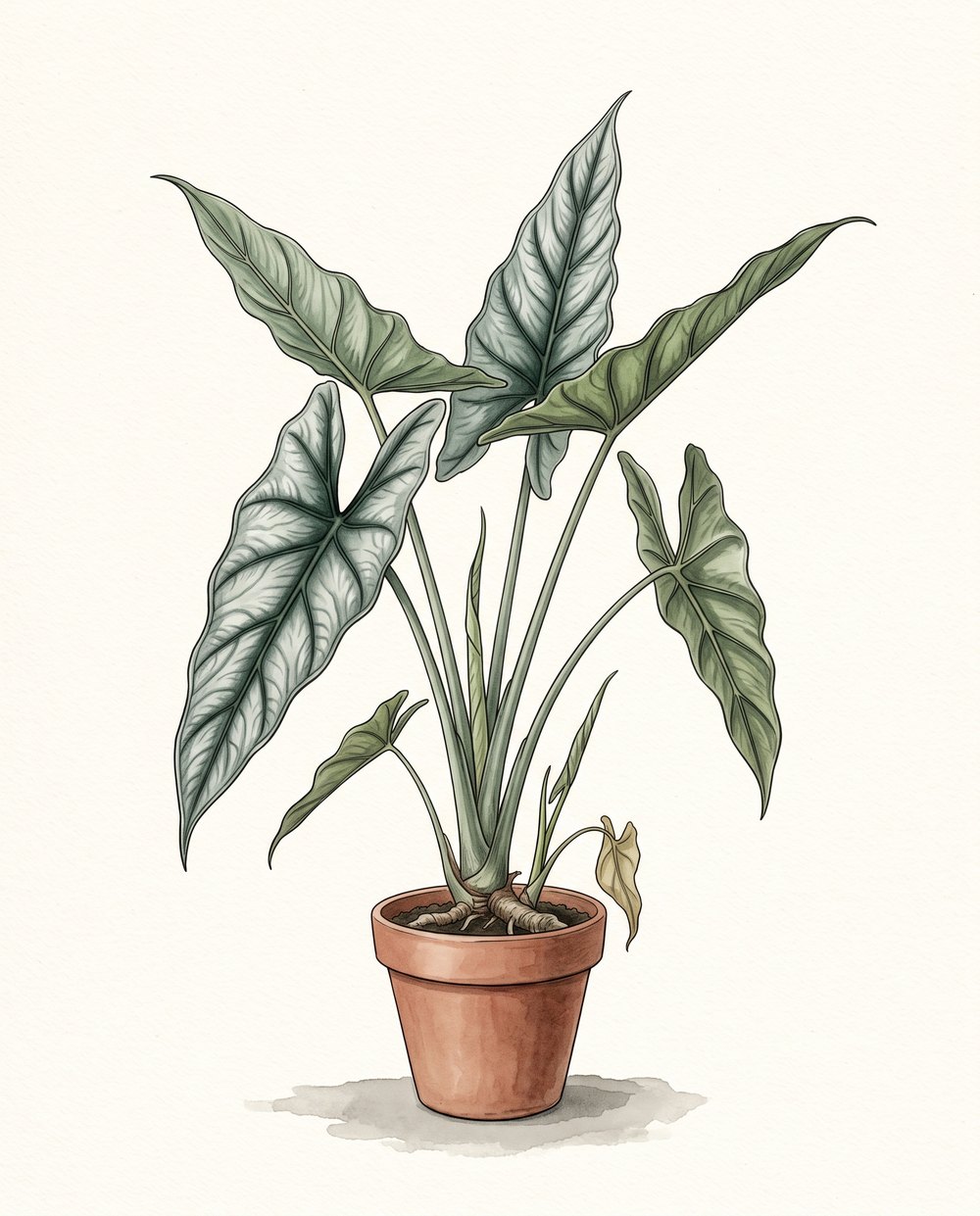 Zeichnung einer Alocasia Dragon&rsquo;s Breath in einem Tontopf mit langen schmalen silbergrünen Blättern an hohen Stielen