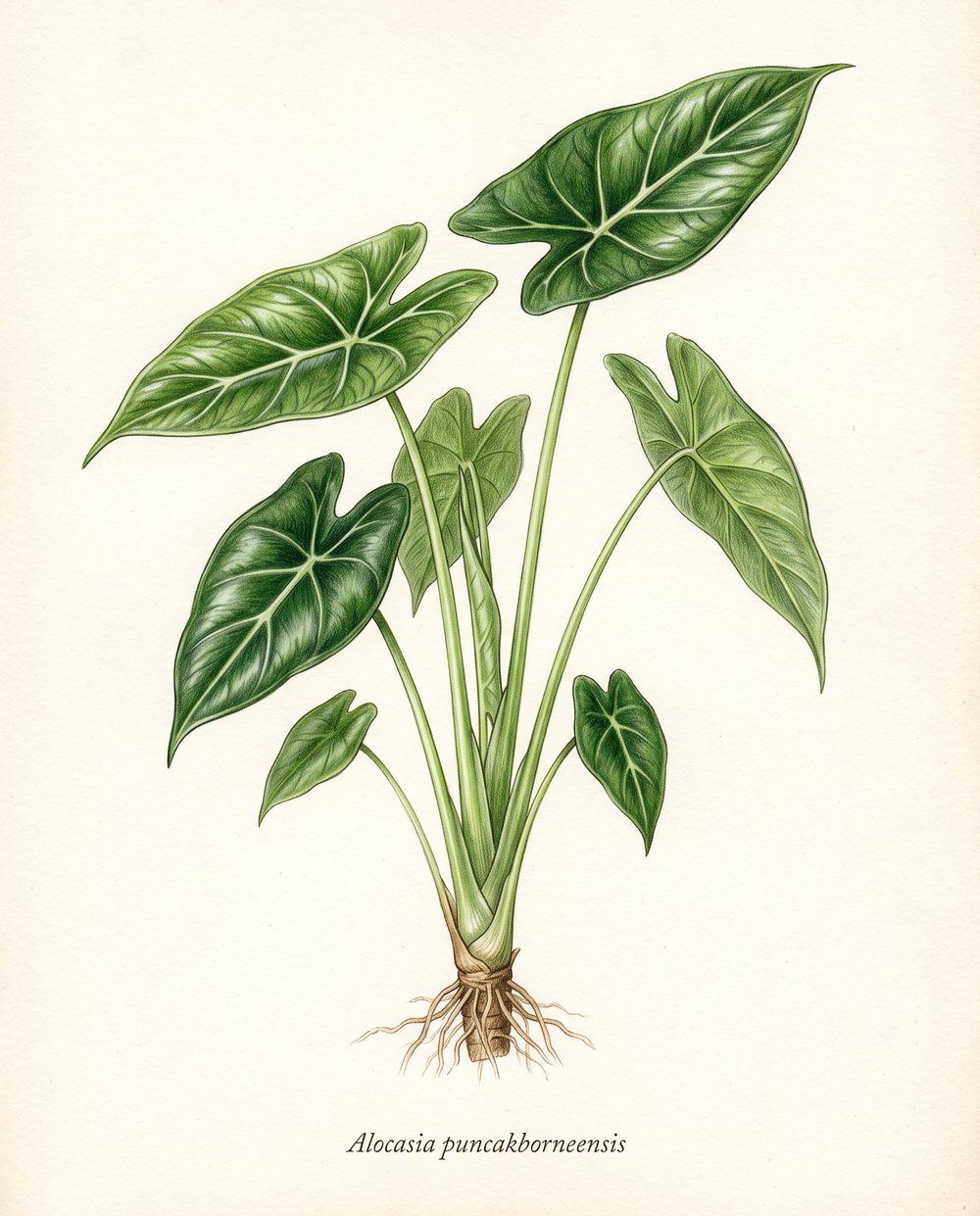 Botanische Zeichnung einer Alocasia puncakborneensis mit glänzenden, pfeilförmigen Blättern, feinem Adernetz, hellgrünen Stielen und Rhizom