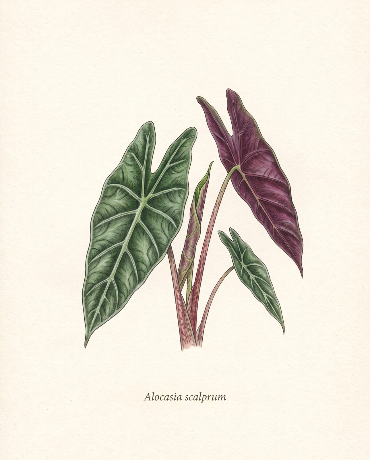 Botanische Zeichnung einer Alocasia scalprum mit schmalen, gesteppten Blättern