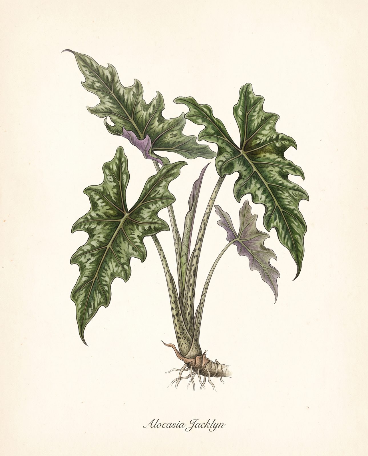 Botanische Zeichnung einer Alocasia tandurusa mit gelappten, gemusterten Blättern, gesprenkelten Stielen und Rhizom