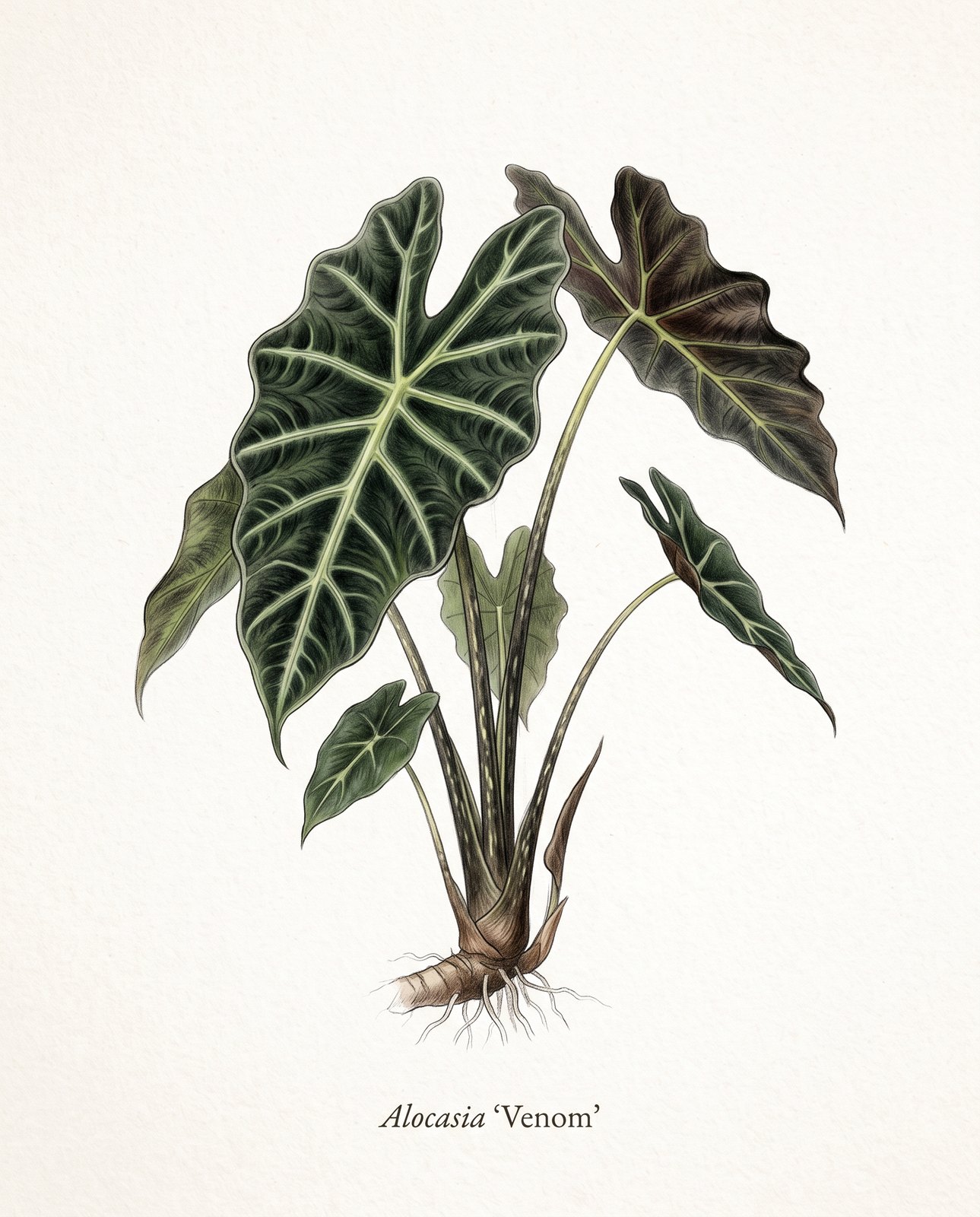 Botanische Zeichnung einer Alocasia 'Venom' mit dunkelgrünen, pfeilförmigen Blättern, hellen Adern, gesprenkelten Stielen und Rhizom