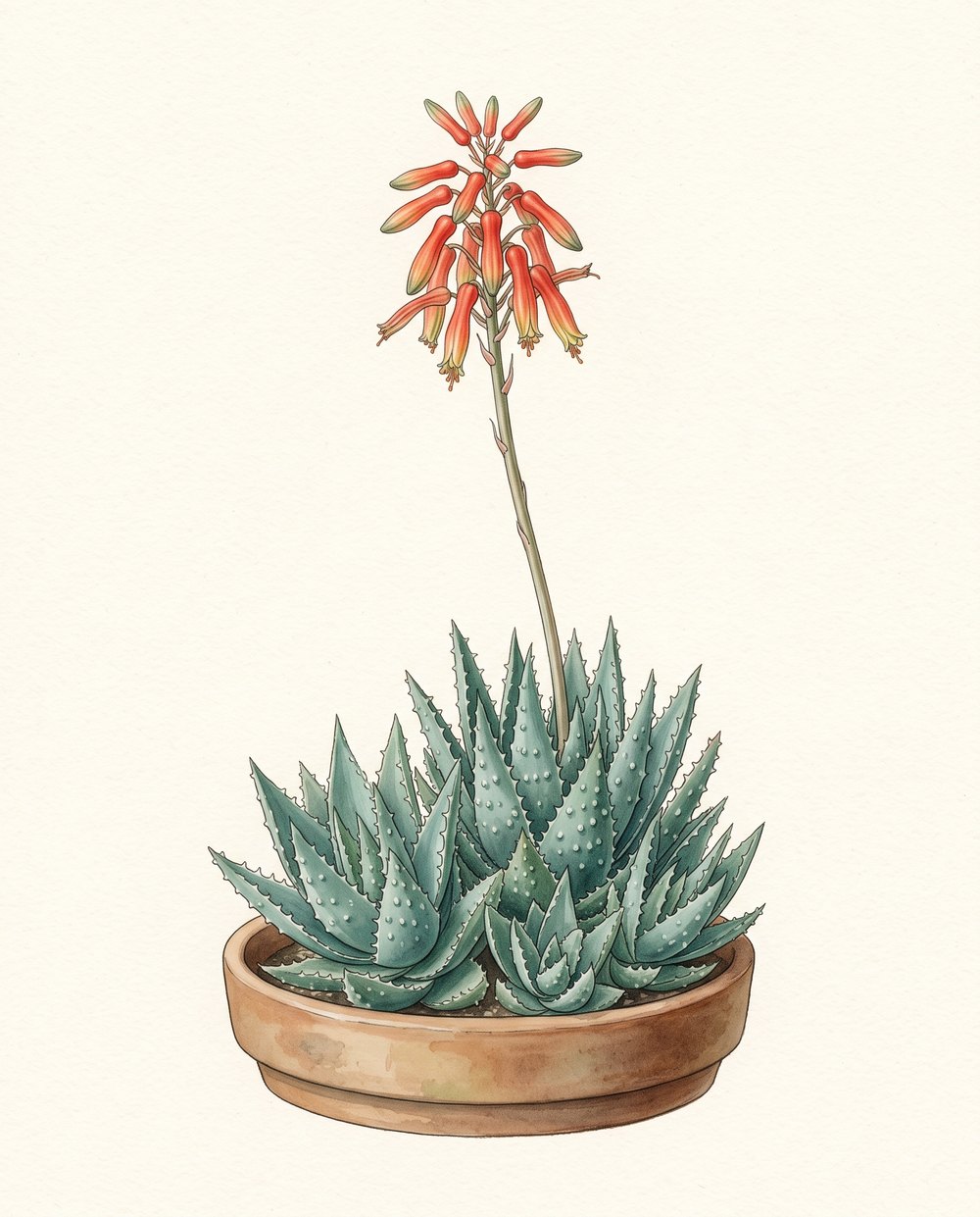 Zeichnung einer Aloe humilis in einem flachen Tontopf mit einem Polster blaugrüner warziger Rosetten und einem hohen Blütenstand mit rot-orangen hängenden Röhrenblüten
