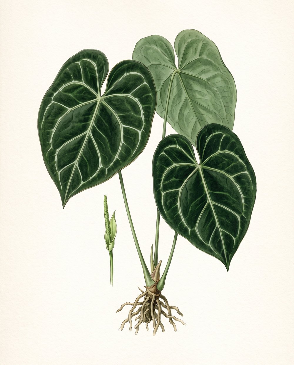 Zeichnung einer Anthurium clarinervium mit mehreren dunkelgrünen herzförmigen Blättern mit hellen Adern an langen Stielen, einem kleinen Blütenstand und kräftigen Wurzeln