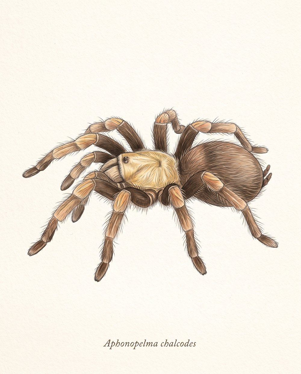 Zeichnung einer Aphonopelma chalcodes von der Seite: heller sandfarbener Vorderkörper, braune Beine mit hellen Gelenken, brauner Hinterleib