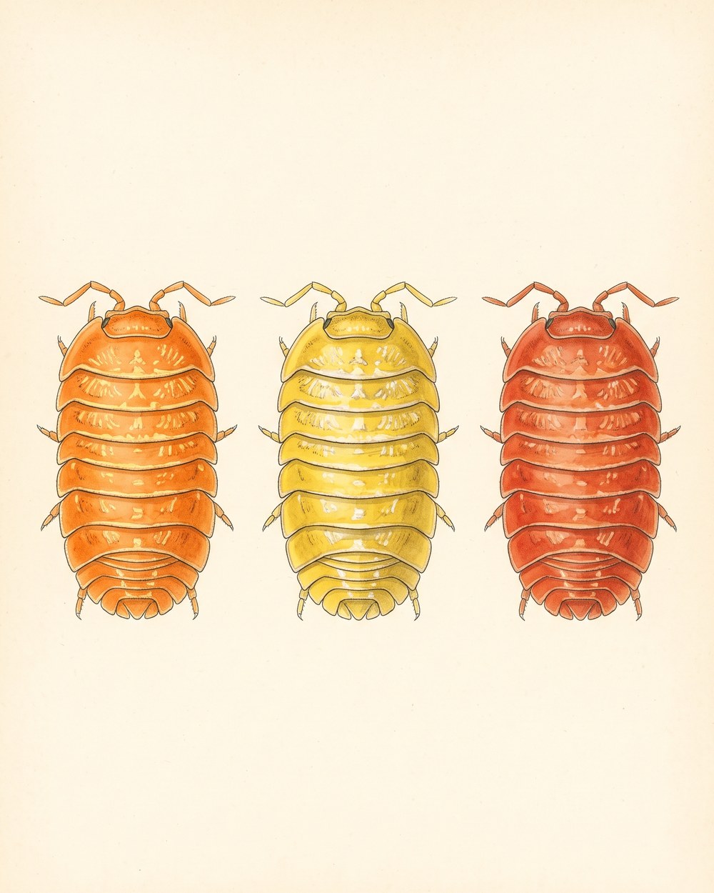 Zeichnung von drei Rollasseln von oben nebeneinander in kräftigem Orange, Gelb und Rot-Orange mit heller Zeichnung auf den Segmenten