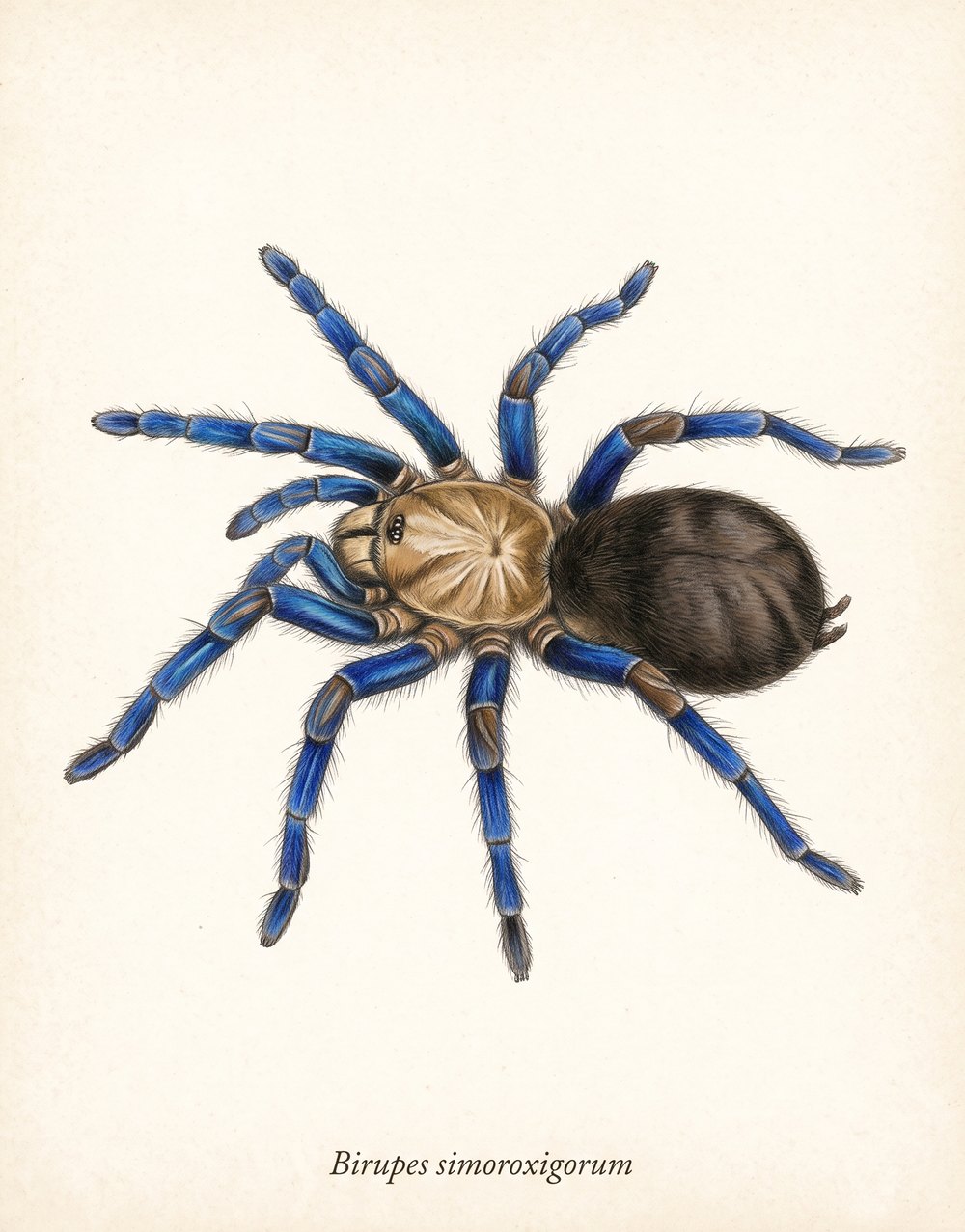 Zeichnung einer Birupes simoroxigorum mit leuchtend blauen Beinen, sandbraunem Vorderkörper und dunklem Hinterleib