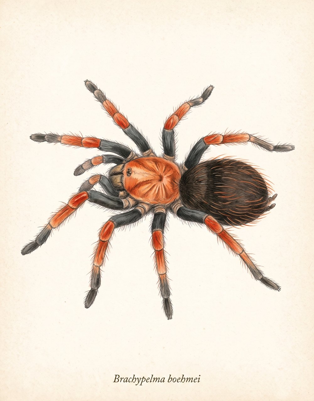 Zeichnung einer Brachypelma boehmei mit orangem Vorderkörper, dunklem Hinterleib und schwarzen Beinen mit rotorangen Gliedern