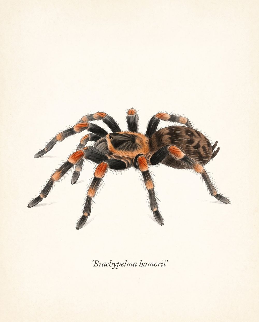 Zeichnung einer Brachypelma hamorii mit schwarzen Beinen, orangeroten Knien und hellem Rand am Vorderkörper