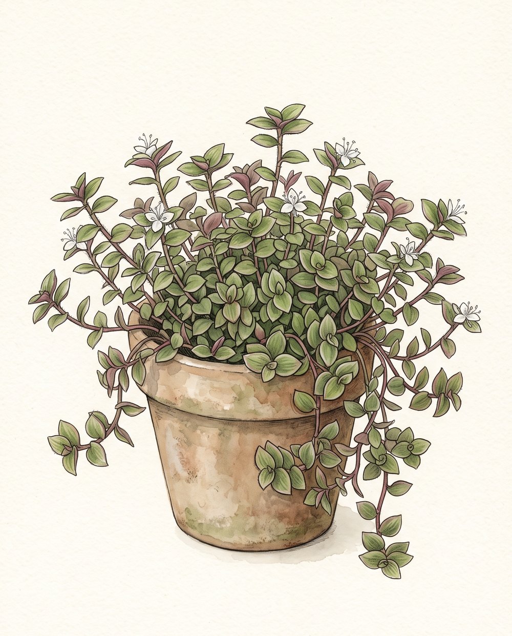 Zeichnung einer kriechenden Callisia mit kleinen grünen und rötlichen Blättchen und weißen Blüten in einem Tontopf