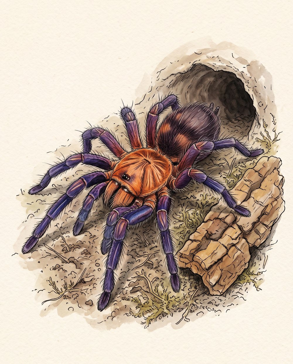 Zeichnung einer Citharacanthus cyaneus: orange gefärbter Vorderkörper, violette Beine, behaarter Hinterleib, vor dem Eingang einer Erdröhre neben einem Stück Kork