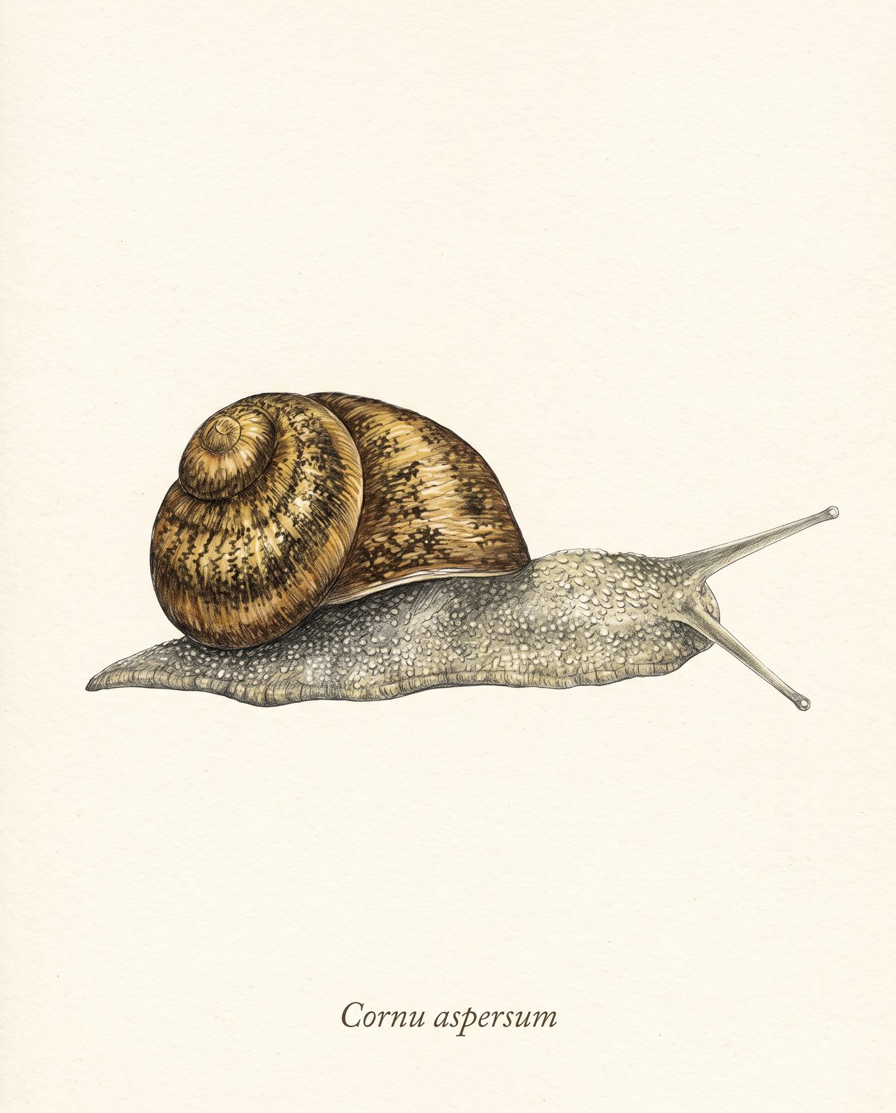 Zeichnung einer Gefleckten Weinbergschnecke von der Seite