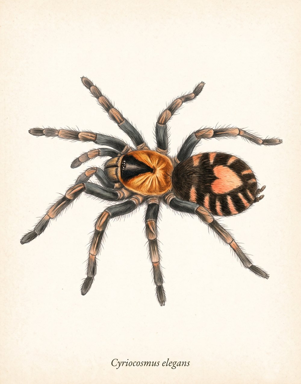 Zeichnung einer Cyriocosmus elegans mit schwarzem Körper, orangen Zeichnungen und herzförmigem Fleck auf dem Hinterleib
