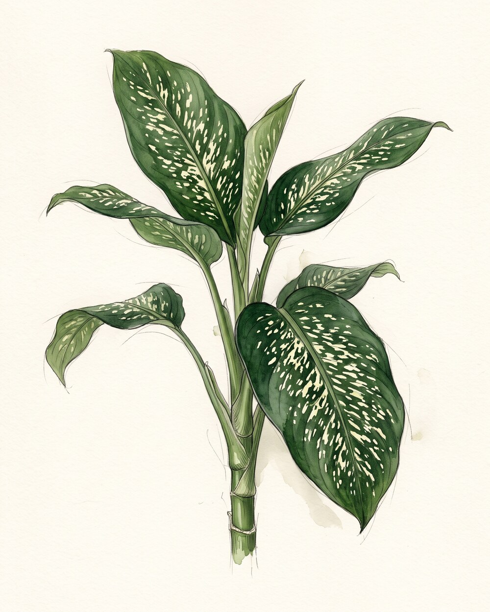 Zeichnung einer Dieffenbachia mit grünem Stamm und großen, grünen Blättern mit cremefarbenen Sprenkeln