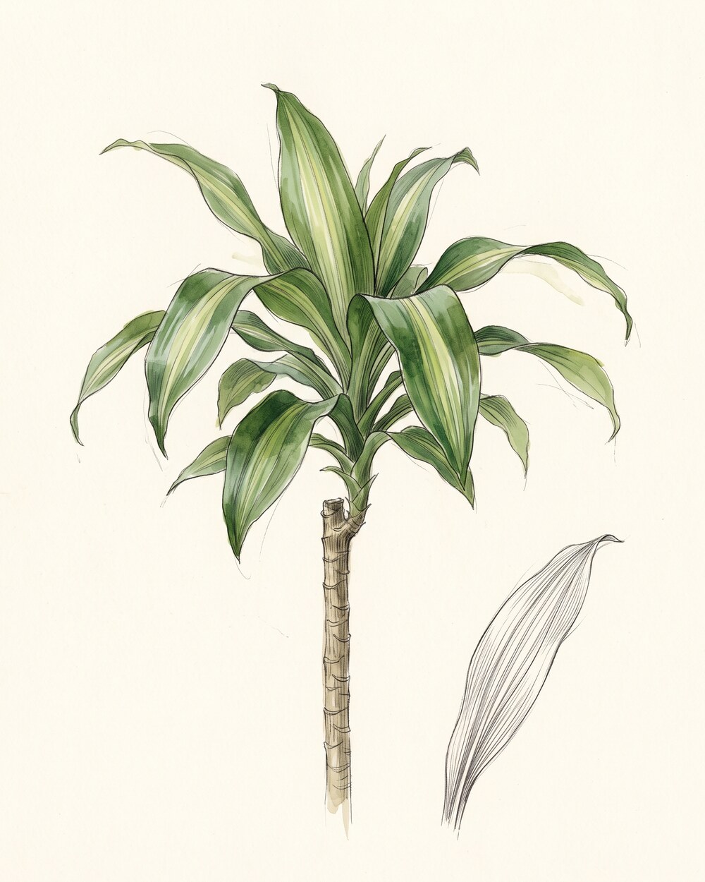 Zeichnung einer Dracaena fragrans mit hellem Stamm, einer Blattrosette aus langen, grün gestreiften Blättern und einem einzelnen Blatt