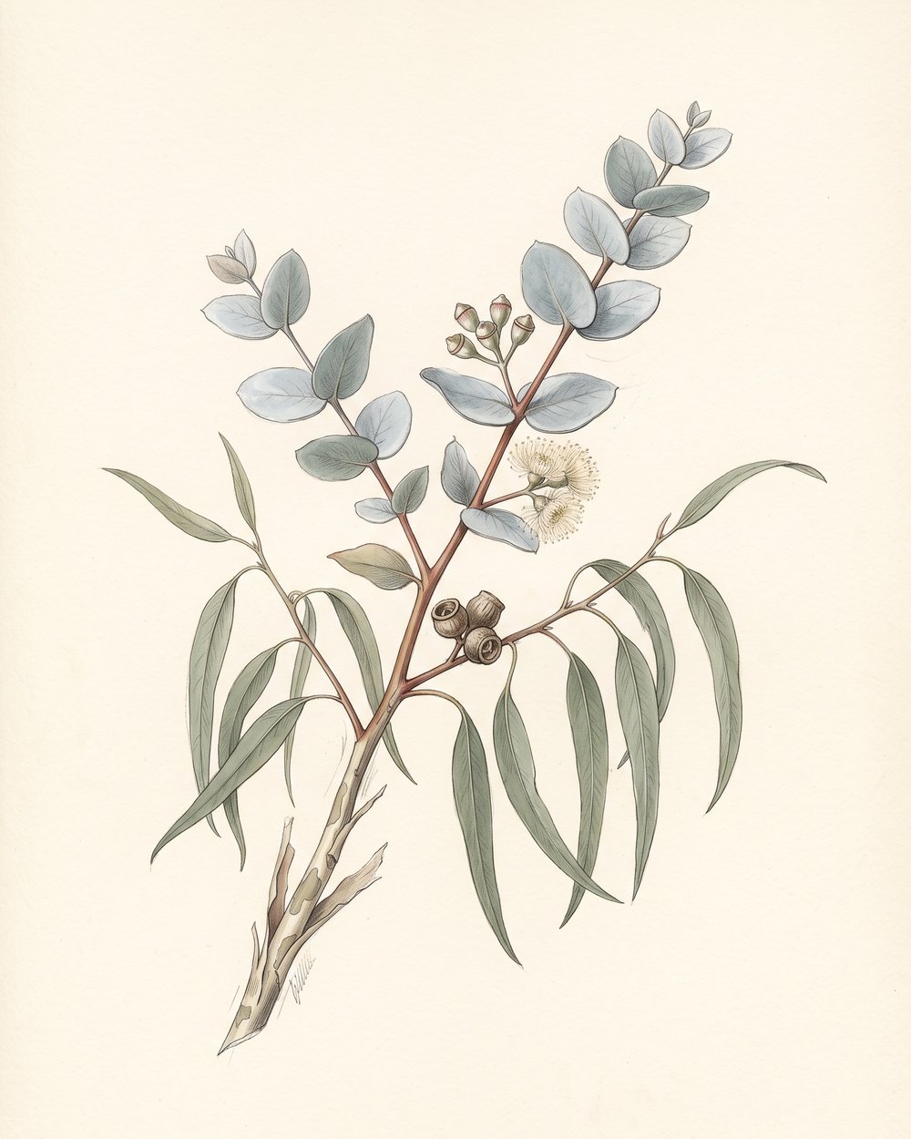 Zeichnung eines Eukalyptuszweigs mit runden, blaugrauen Jungblättern, langen schmalen grünen Altblättern, Knospen, cremefarbener Blüte und verholzten Früchten