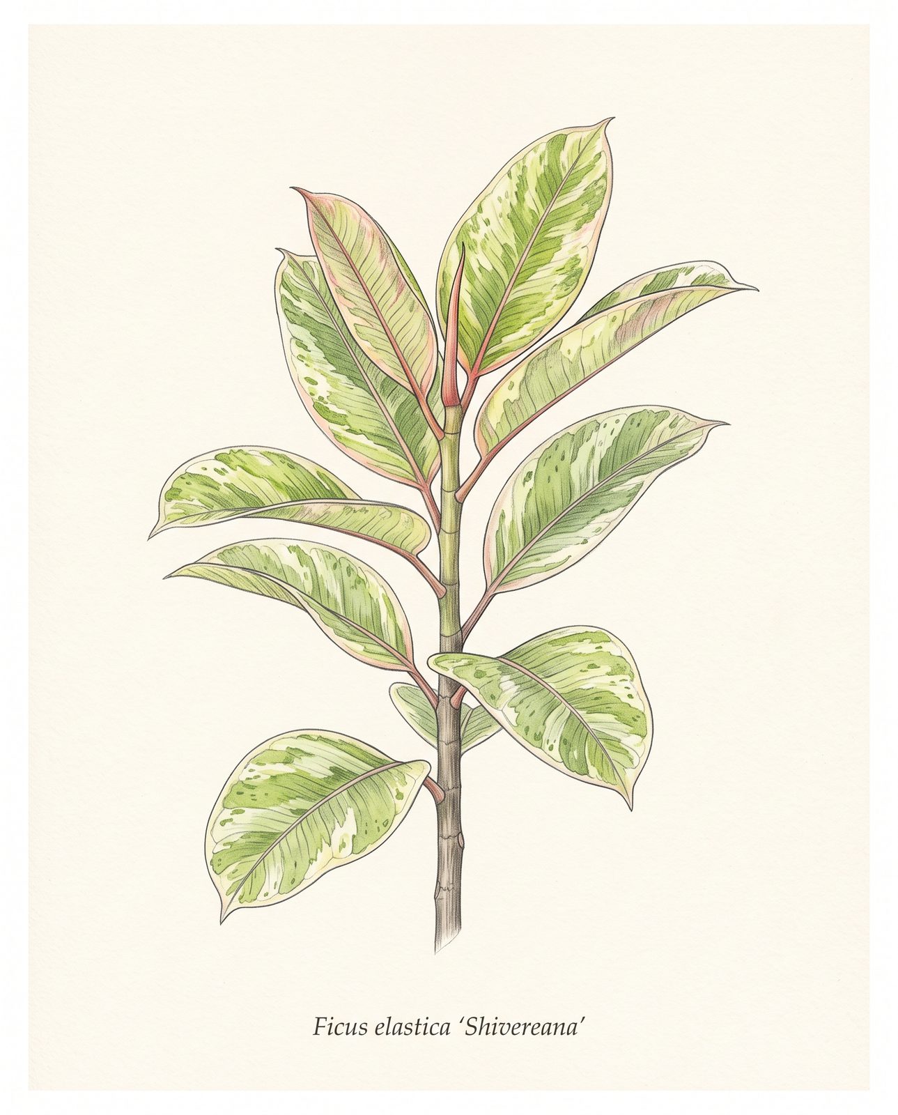 Botanische Zeichnung eines Gummibaum-Triebs mit marmorierten, cremegrünen Blättern und rötlichen Stielen