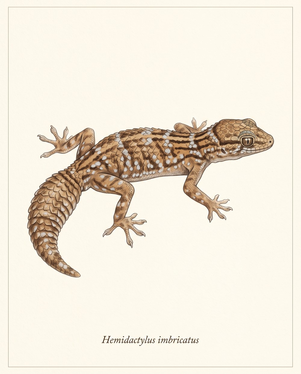 Zeichnung eines Rübenschwanz-Viperngeckos von der Seite: sandbrauner Körper mit dunklen Querbändern und weißen Punkten, grobe, dachziegelartig überlappende Schuppen, kurzer, stark verdickter Schwanz