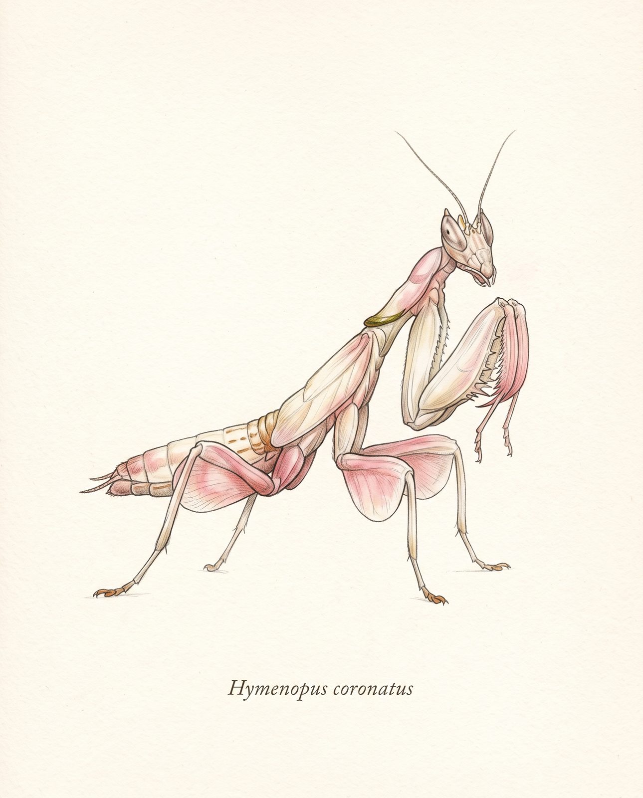 Zeichnung einer Orchideenmantis von der Seite: weiß und rosa, mit blütenblattartigen Beinen und erhobenen Fangarmen