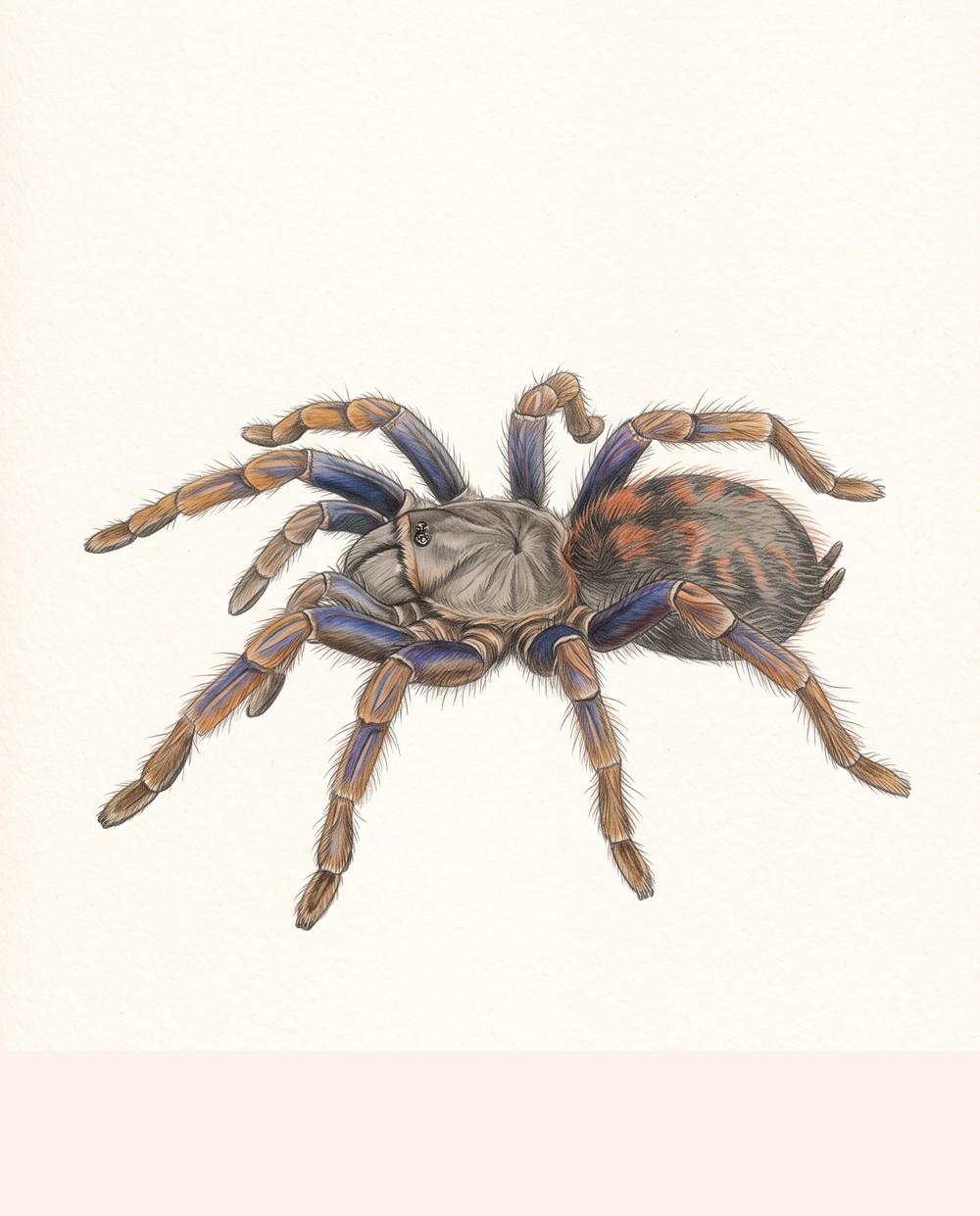 Zeichnung einer Vogelspinne von schräg oben: blau schimmernde Beine, heller Rückenpanzer, rot gemusterter Hinterleib