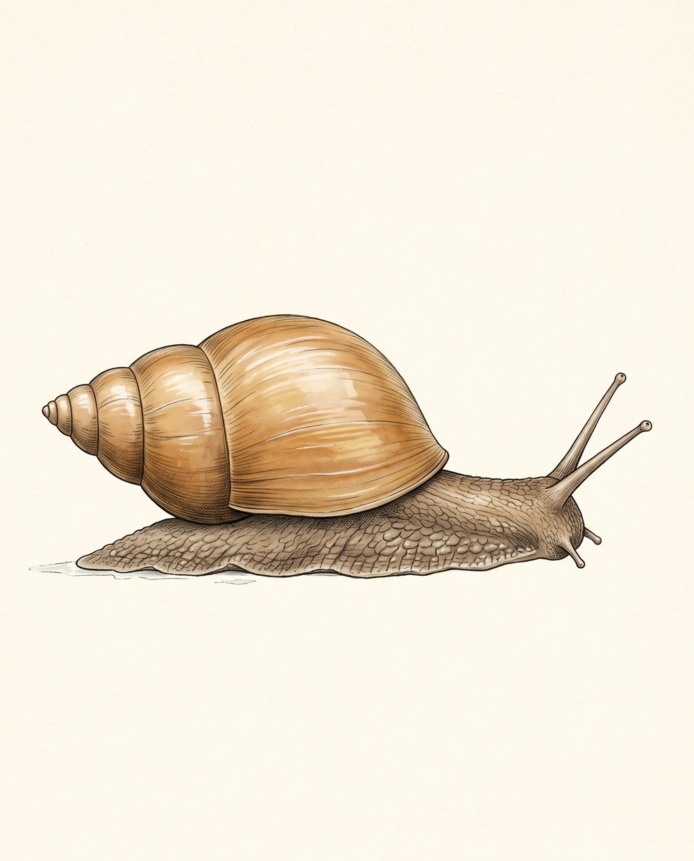 Zeichnung einer großen Achatschnecke in Seitenansicht mit einfarbig hellbraun glänzendem, ungestreiftem Gehäuse und ausgestreckten Fühlern