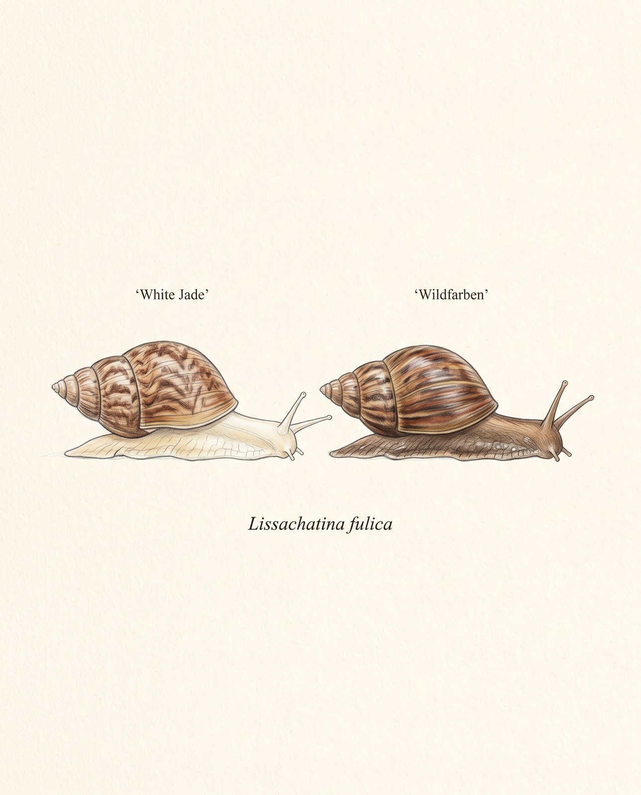 Zeichnung zweier Achatschnecken nebeneinander, links mit hellem Körper (White Jade), rechts mit dunklem Körper (Wildfarben)