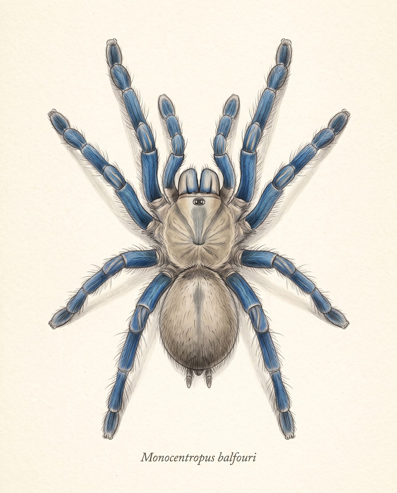 Zeichnung einer Monocentropus balfouri von oben: leuchtend blaue Beine, heller Vorder- und Hinterleib