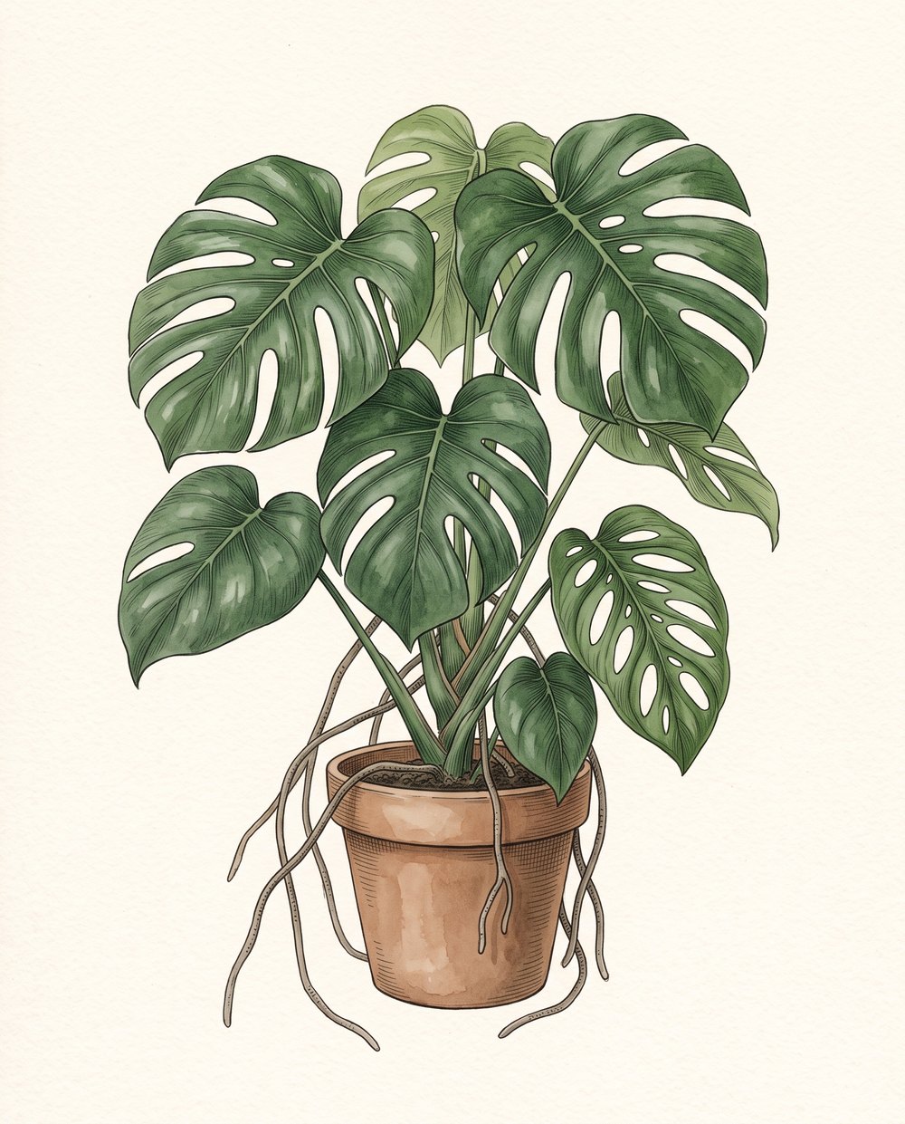 Zeichnung einer Monstera in einem Tontopf mit großen dunkelgrünen geschlitzten Blättern, einem Blatt mit ovalen Löchern und herabhängenden Luftwurzeln