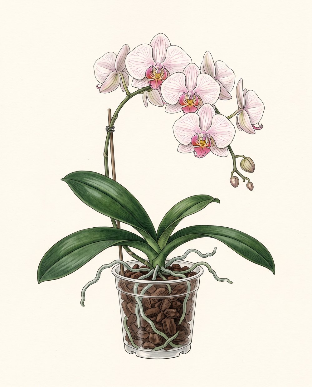 Zeichnung einer Phalaenopsis in einem durchsichtigen Topf mit Rindensubstrat, breiten dunkelgrünen Blättern, silbrigen Luftwurzeln und einem überhängenden Blütenstiel mit weiß-rosa Blüten