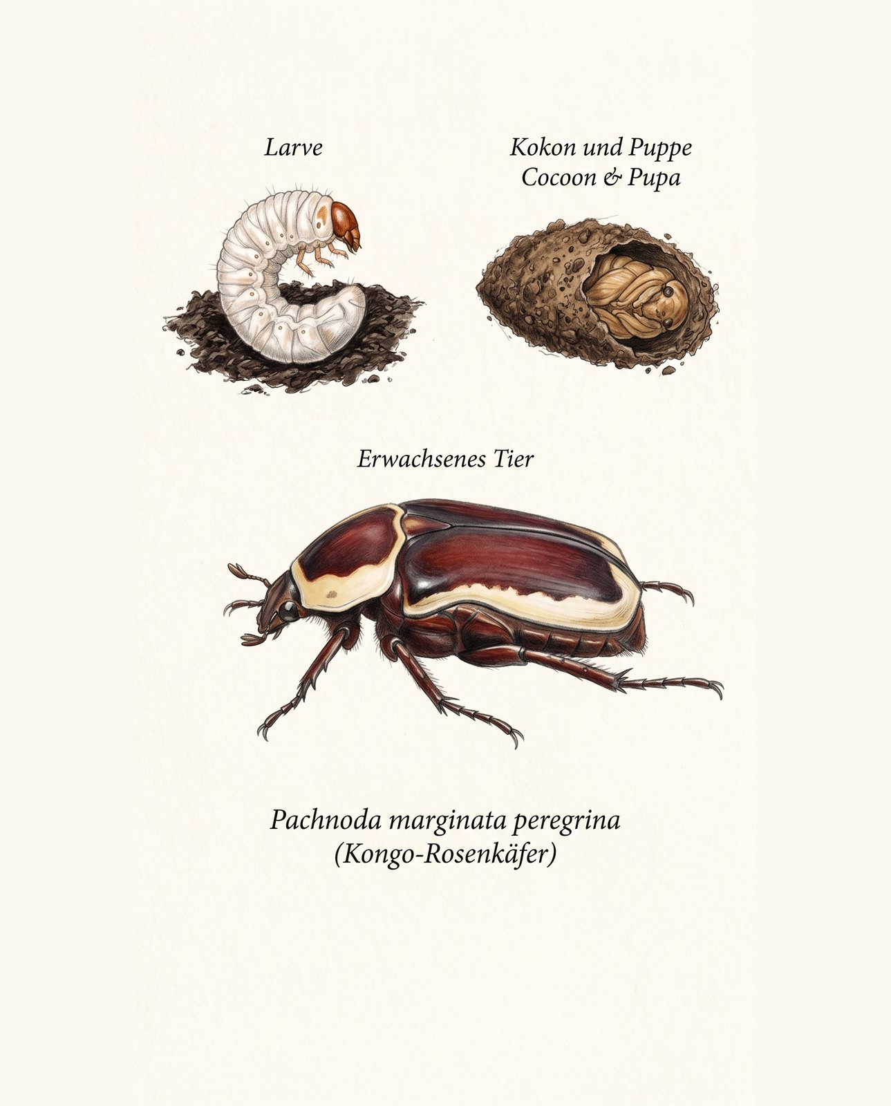 Zeichnung von Larve, Puppenwiege mit Puppe und erwachsenem Kongo-Rosenkäfer mit braunen Flügeldecken und gelbem Rand