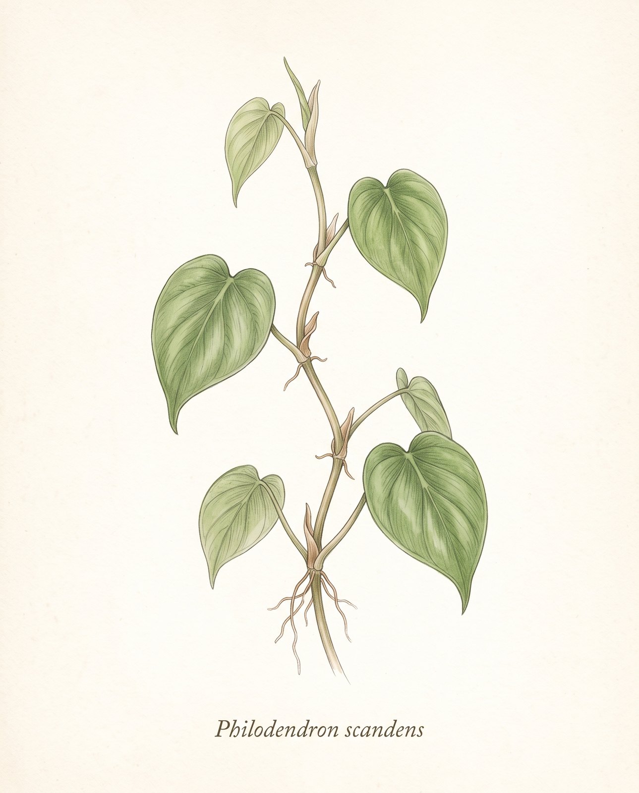 Botanische Zeichnung einer Philodendron-Ranke mit herzförmigen Blättern und Luftwurzeln an den Knoten