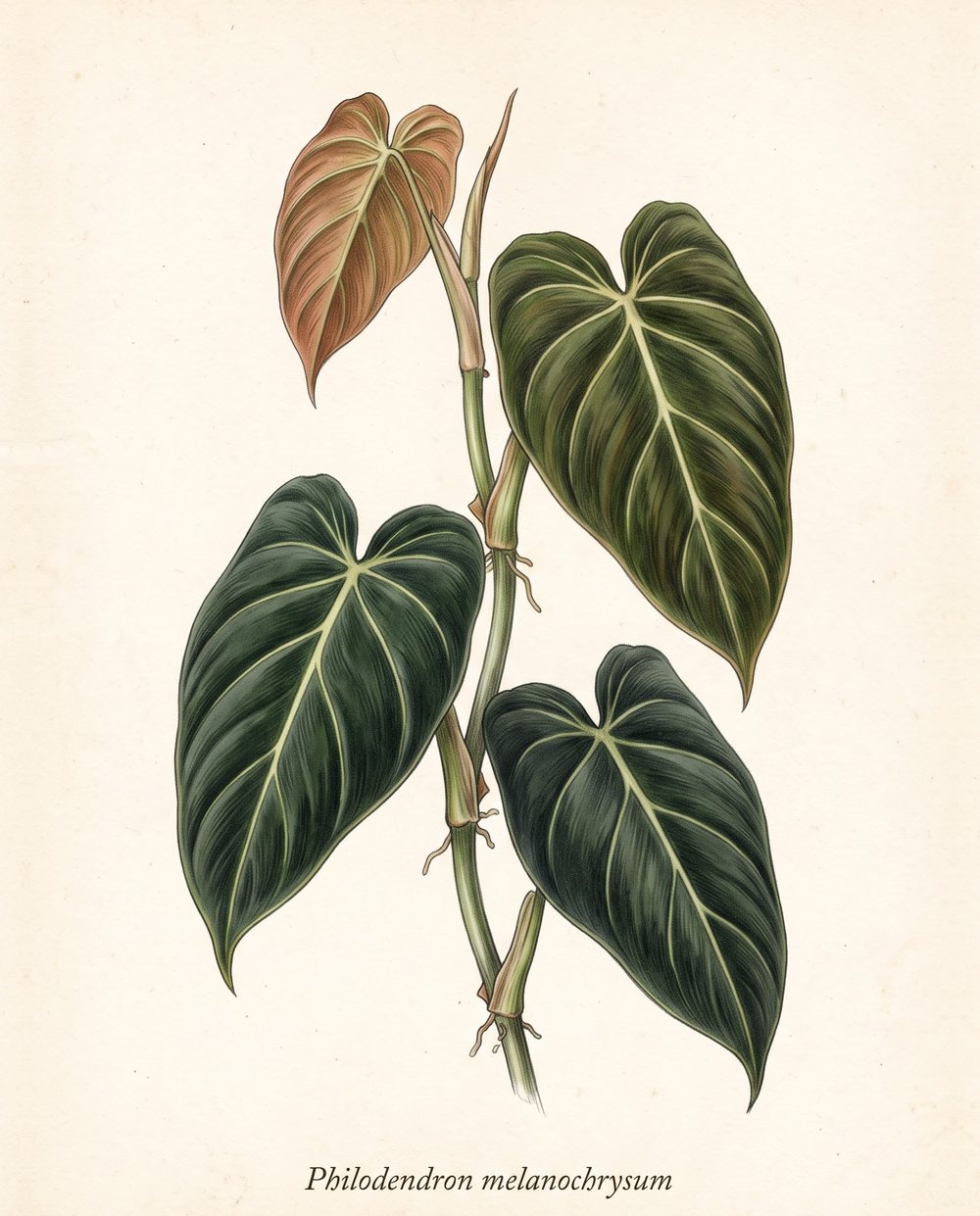 Botanische Zeichnung einer Philodendron-melanochrysum-Ranke mit samtigen, herzförmigen Blättern, hellen Adern, kupferfarbenem Neutrieb und Luftwurzeln an den Knoten