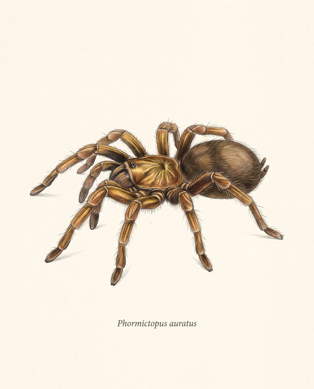 Zeichnung einer Phormictopus auratus mit goldbronzenem Vorderkörper und braunen Beinen