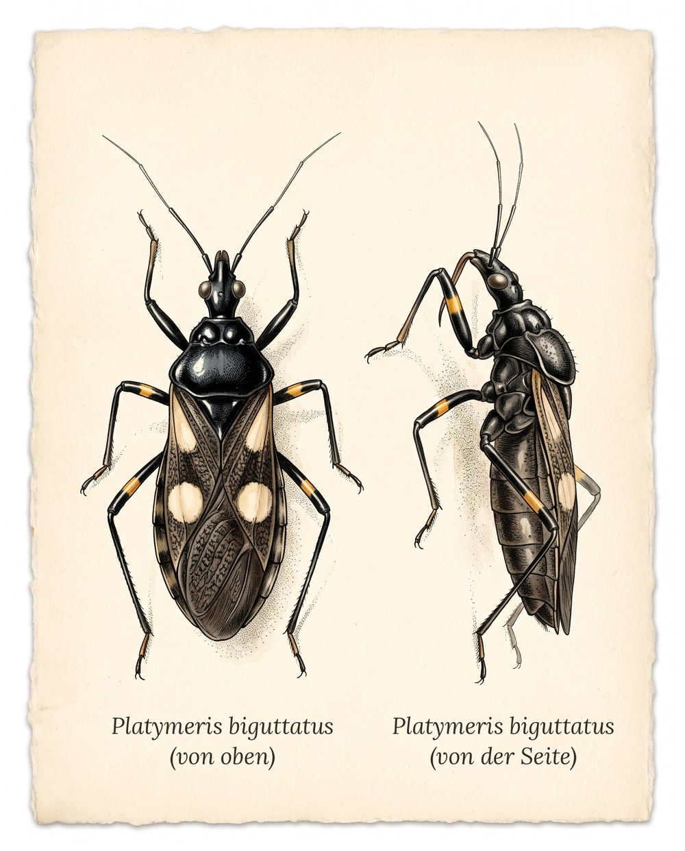 Zeichnung zweier schwarzer Raubwanzen Platymeris biguttatus, links von oben mit zwei runden weißen Flecken auf den Flügeln, rechts von der Seite mit gelb geringelten Beinen