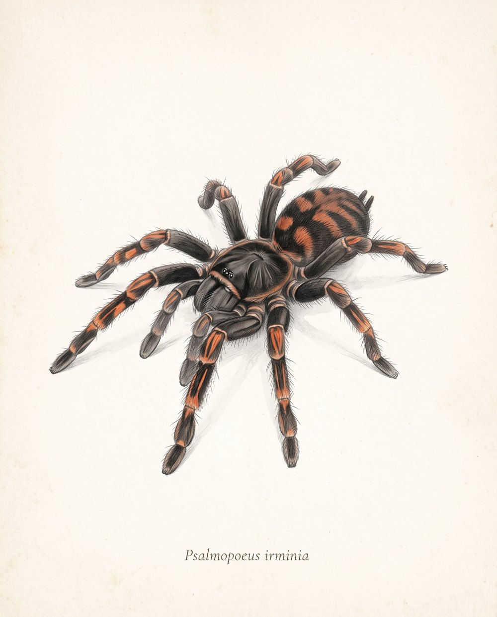 Zeichnung einer Psalmopoeus irminia von schräg oben: schwarzer Körper, orange gebänderte Beine, orange Flecken auf dem Hinterleib