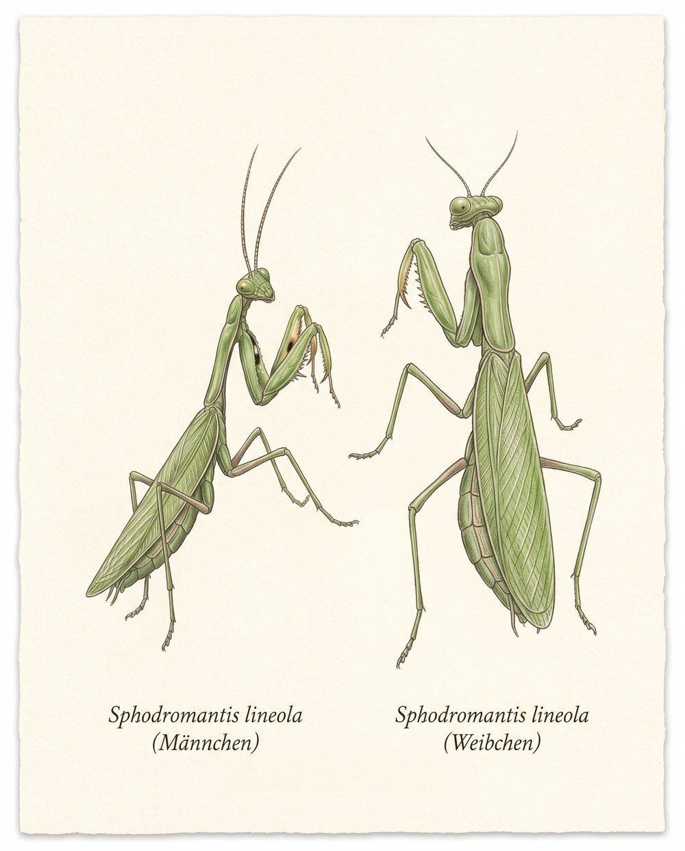 Zeichnung zweier Sphodromantis lineola von der Seite: ein schlankeres grünes Männchen mit langen Fühlern links, ein kräftigeres, massigeres grünes Weibchen rechts