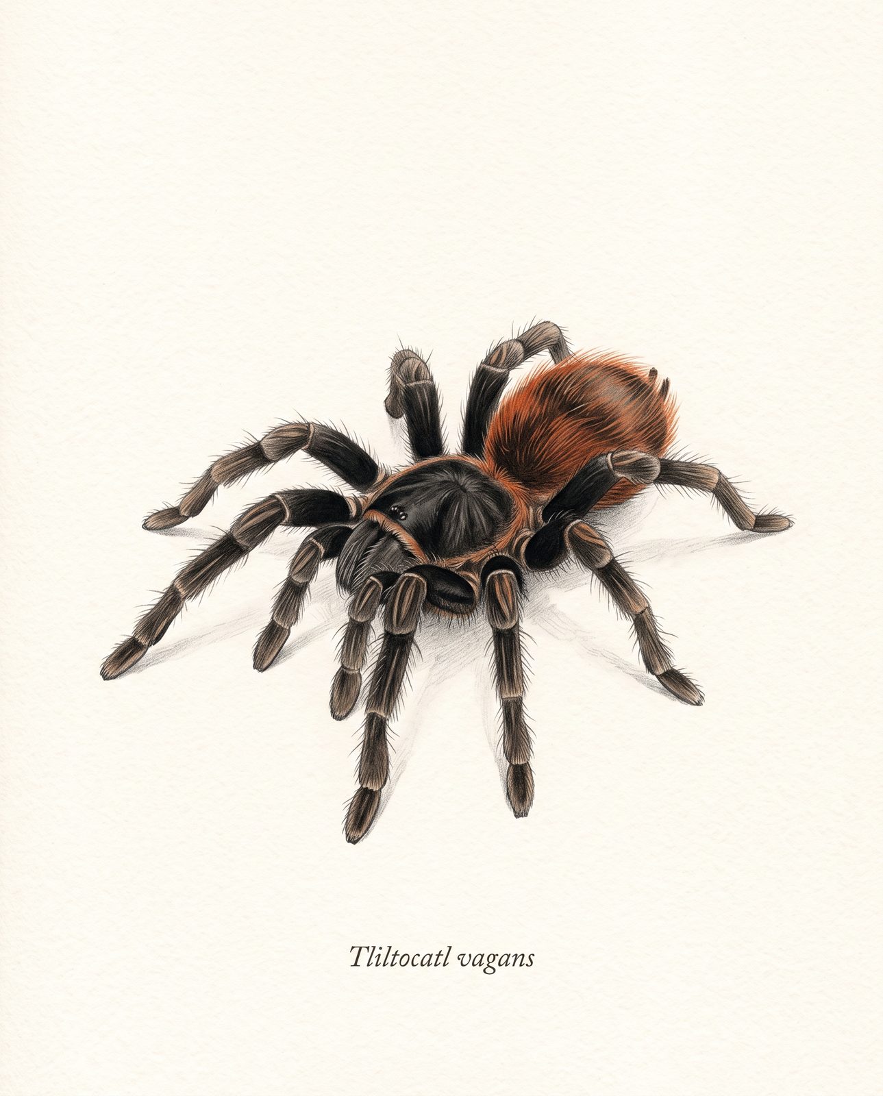 Zeichnung einer schwarzen Vogelspinne mit rot behaartem Hinterleib