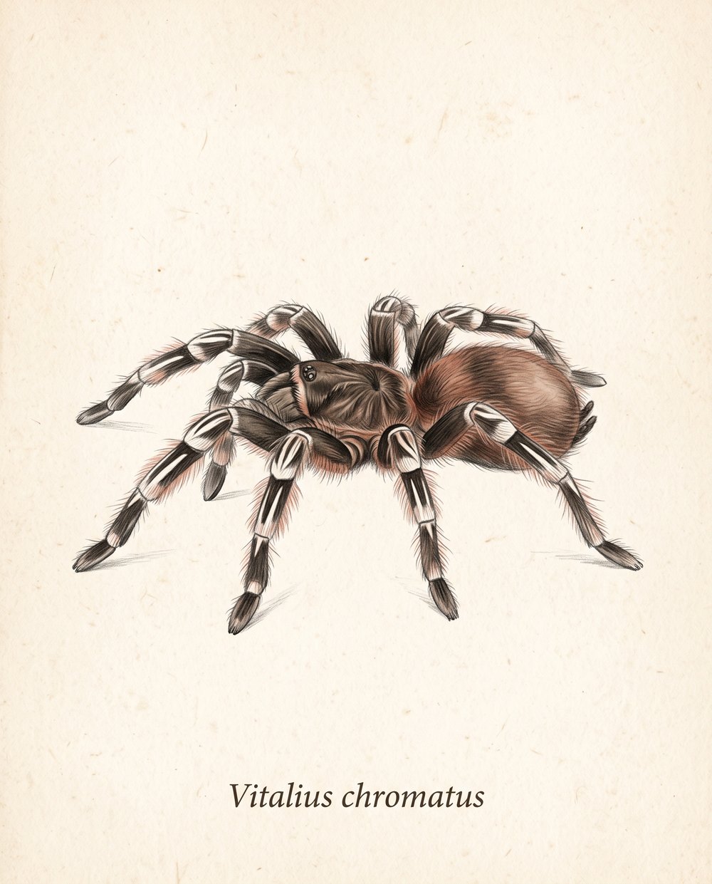 Zeichnung einer Vitalius chromatus von der Seite: schwarze Beine mit weißen Streifen, rostbrauner Hinterleib, brauner Vorderkörper