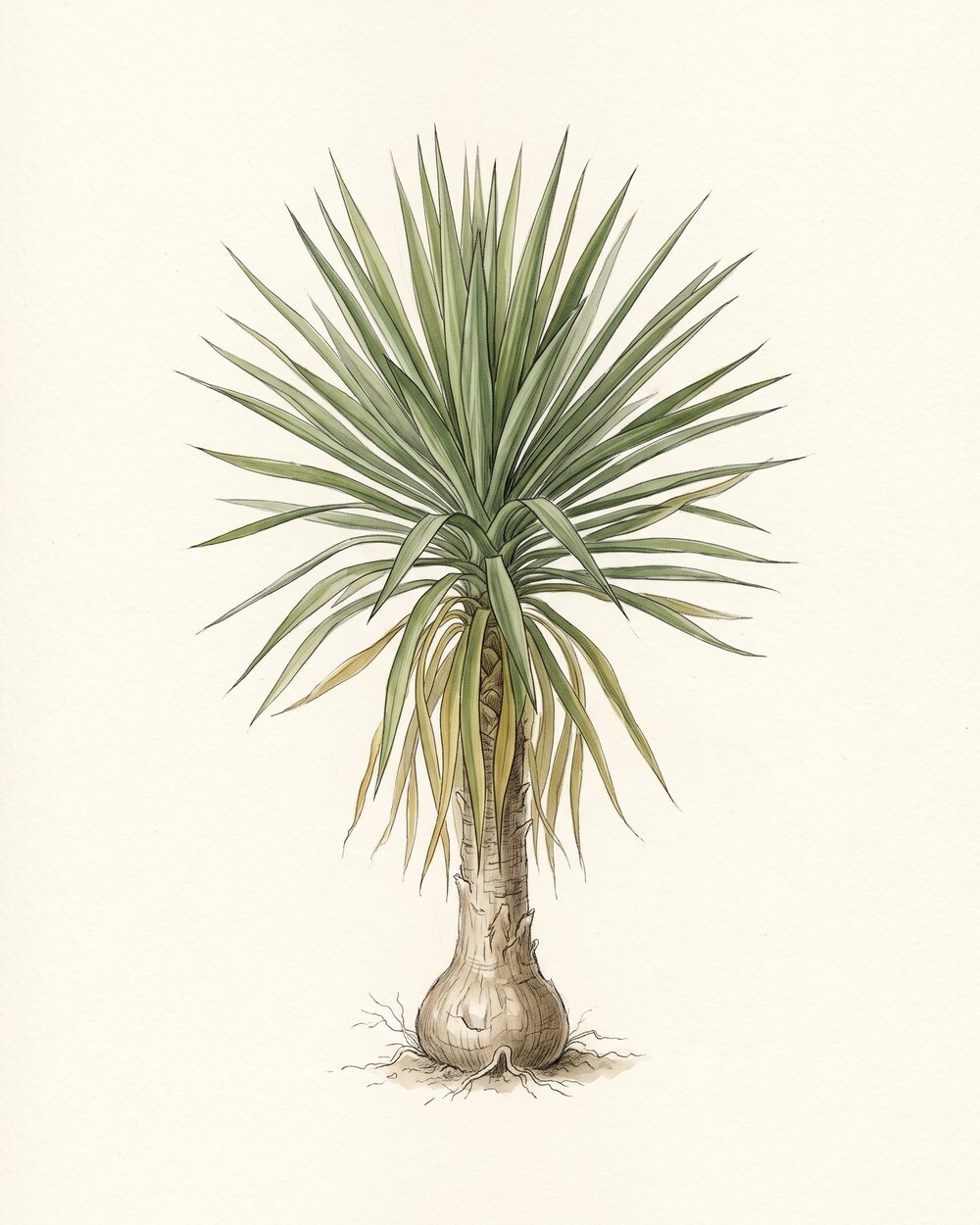 Zeichnung einer jungen Yucca mit verdickter Stammbasis und einem Schopf aus steifen, spitzen Blättern