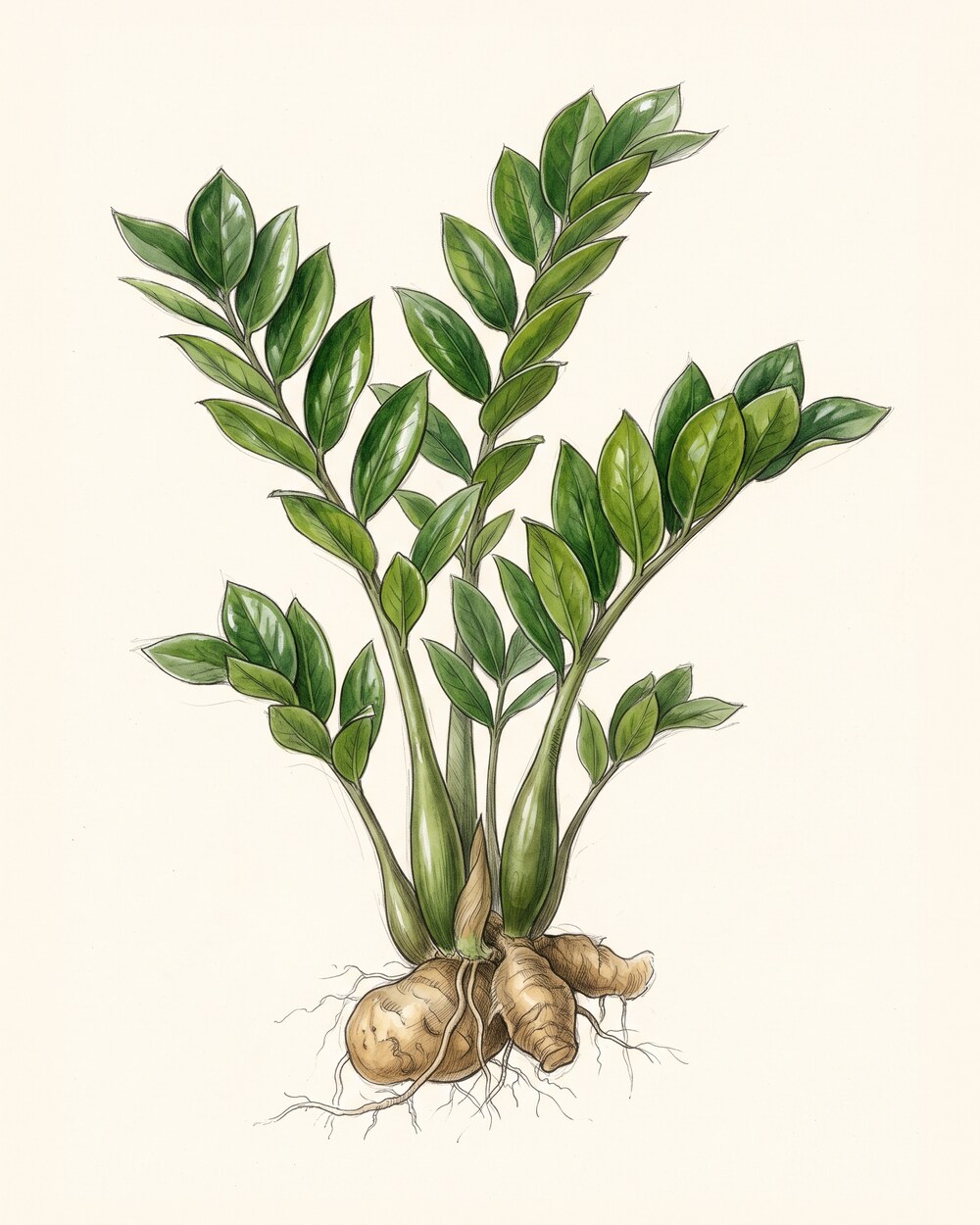 Zeichnung einer Zamioculcas mit mehreren Blattstielen, glänzenden gefiederten Blättern und einem freigelegten, kartoffelartigen Rhizom