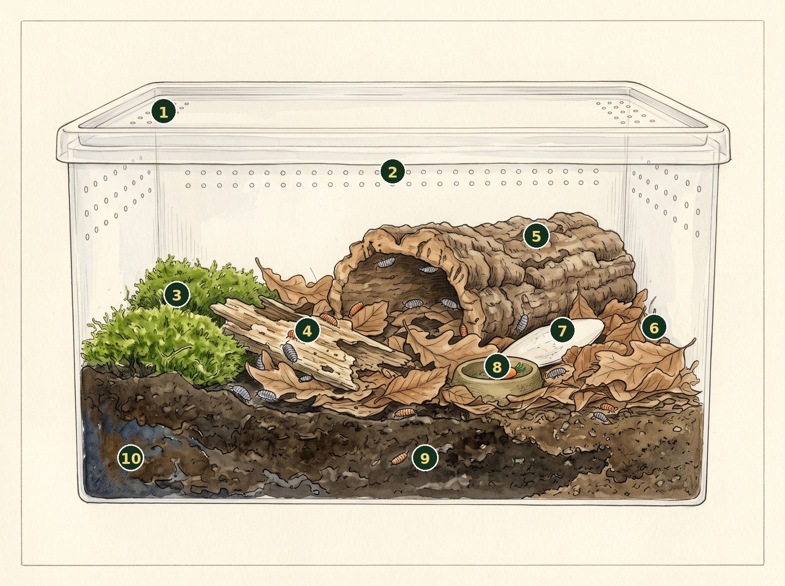 Zeichnung einer durchsichtigen Asselbox im Querschnitt mit Lüftungslöchern, Moos in der feuchten Ecke links, morschem Holz, Korkrinde, Laub, Sepiaschale, Futterschale und dunklem Bodengrund, die Bausteine sind von 1 bis 10 nummeriert