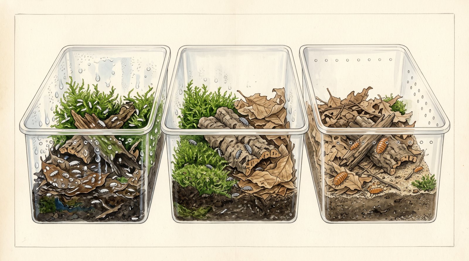 Zeichnung von drei Asselboxen nebeneinander: links sehr feucht mit viel Moos und kleinen weißen Asseln, in der Mitte halb feucht und halb trocken mit grauen Asseln, rechts trocken mit hellerem Boden, viel Laub, kleiner Moosecke und orangebraunen Asseln