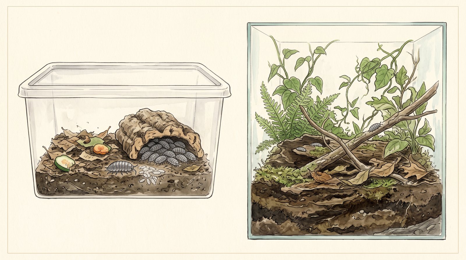 Zeichnung zum Vergleich: links eine kleine Box mit einer dichten Asselgruppe unter Korkrinde, rechts ein großes, dicht bepflanztes Terrarium mit wenigen, weit verstreuten Asseln