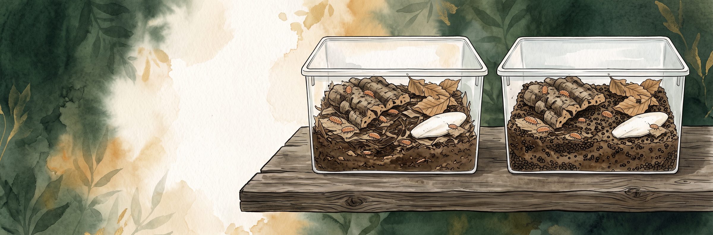 Zwei gleiche durchsichtige Faunaboxen auf einem Holzbrett, links mit normalem Substrat, rechts mit Substrat und dunklen Kotpellets, in beiden orangefarbene Asseln