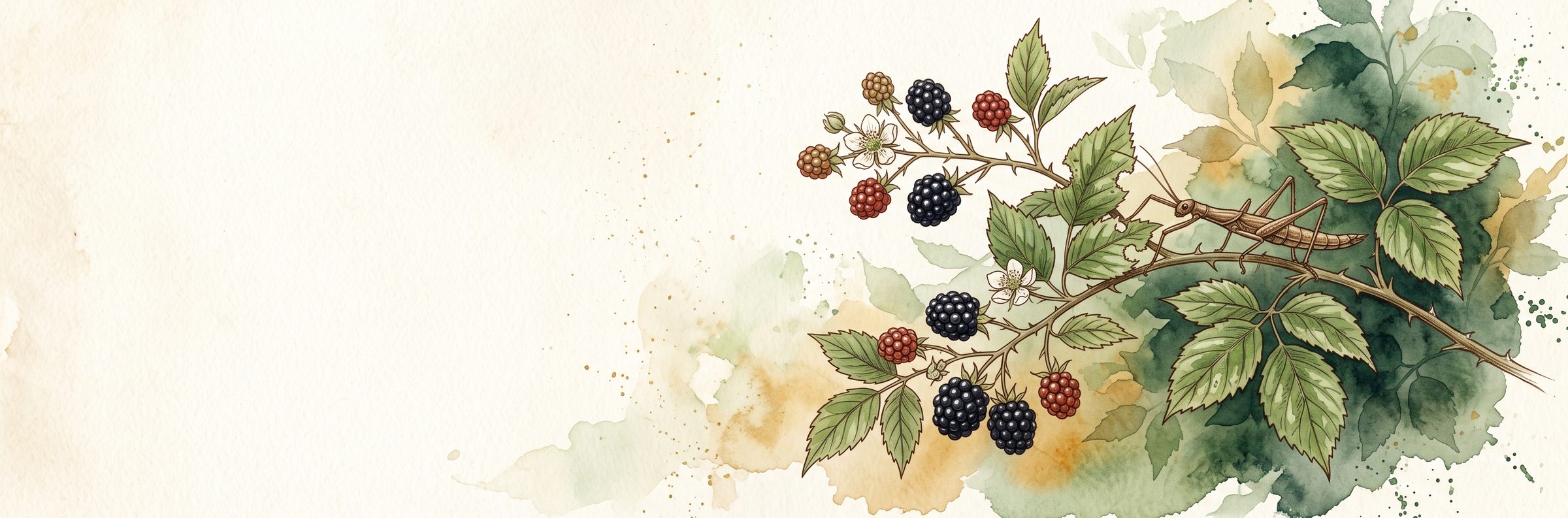 Aquarell eines Brombeerzweigs mit Beeren und einer Gespenstschrecke