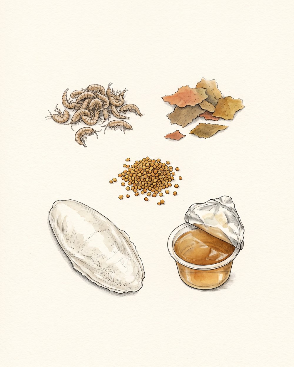 Zeichnung von getrockneten Bachflohkrebsen, Fischflocken, Blütenpollen, einer Sepiaschale und einem Becher Käfer-Jelly