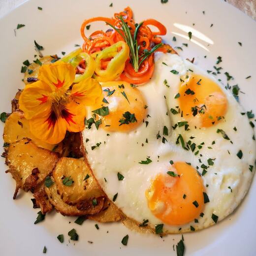 Früchte vom Huhn auf gestückelten und gebratenen Erdäpfeln