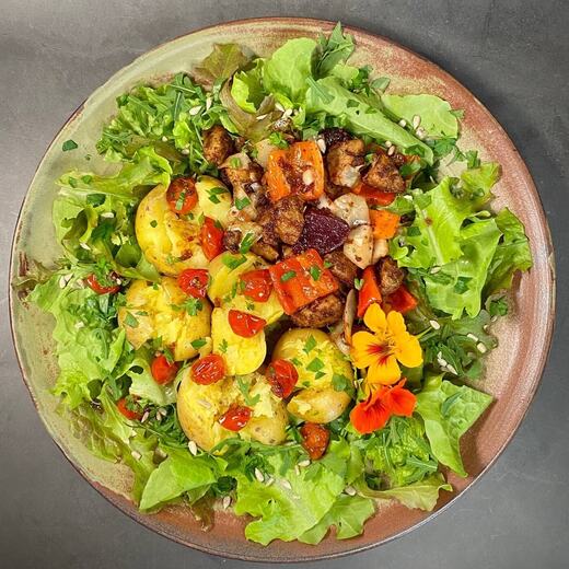 Die neuen Teller gleich eingeweiht mit Hackfleisch-Kraut-Topf mit frischen Gartensalat…
