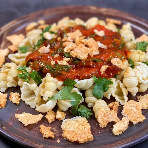Nudeln mit Tomatensoße, vielen Gartenkräutern und lecker selbstgemachten…
