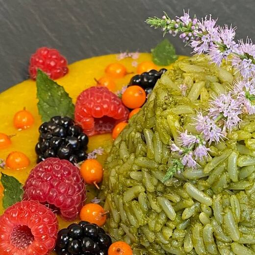 Matcha Kokosmilch Reis | Pfirsichpüree | Himbeeren | Brombeeren | Sanddorn | Minze-Blüten