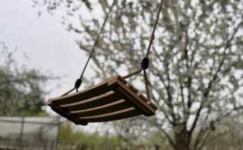 Schaukel vor einem unscharfen Kirschbaum